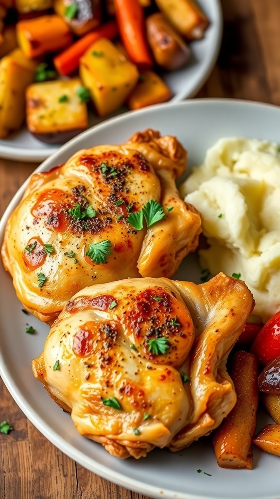 Seasoned chicken thighs garnished with parsley, served with roasted vegetables and mashed potatoes on a rustic table.